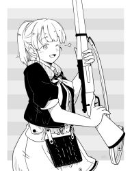 Rule 34 | 1girl, apron, bolt action, commentary request, cowboy shot, flight deck, fujinoki (horonabe-ken), greyscale, gun, intrepid (kancolle), kantai collection, looking at viewer, m1903 springfield, monochrome, neck pillow, neckerchief, one eye closed, ponytail, rifle, short hair, solo, striped, striped background, weapon