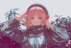 Rule 34 | 1girl, blue eyes, blue ribbon, closed mouth, copyright request, empty eyes, hands on headwear, hood, jacket, long sleeves, looking at viewer, neck ribbon, pink hair, plant, ribbon, sad, scarf, sheya tin, solo, upper body