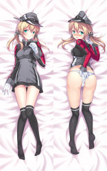 Rule 34 | 1girl, ass, bed sheet, black skirt, black thighhighs, blonde hair, blue eyes, blush, cameltoe, closed mouth, da-cart, embarrassed, floating hair, from above, full body, gloves, gluteal fold, grey headwear, grey jacket, hair between eyes, hair ornament, hat, highres, jacket, kantai collection, long hair, long sleeves, looking at viewer, looking back, lying, miniskirt, multiple views, on back, on stomach, open mouth, panties, pantyshot, partially visible vulva, peaked cap, pleated skirt, prinz eugen (kancolle), shiny clothes, shiny legwear, skirt, smile, thighhighs, twintails, underwear, white gloves, white panties
