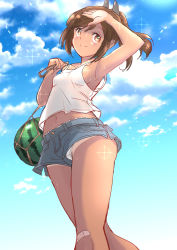 Rule 34 | 1girl, alternate costume, bandaid, bandaid on knee, bandaid on leg, blue sky, breasts, brown eyes, brown hair, casual, cloud, commentary request, denim, denim shorts, feet out of frame, food, fruit, fuji (pixiv24804665), hair ornament, highres, i-401 (kancolle), kantai collection, panties, panties under shorts, ponytail, shorts, sky, small breasts, solo, tan, tank top, tanline, underwear, watermelon, white panties, white tank top