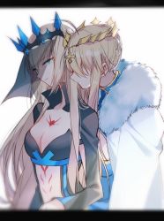 Rule 34 | 2girls, artoria pendragon (fate), artoria pendragon (lancer) (fate), blonde hair, braid, breasts, cloak, crown, fate/apocrypha, fate/grand order, fate (series), french braid, fur trim, green eyes, incest, letterboxed, light smile, long hair, long sleeves, looking at another, medium breasts, morgan le fay (fate), multiple girls, parted lips, siblings, sidelocks, sisters, tsurime, upper body, yorukun