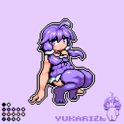 Rule 34 | 1girl, ahoge, boots, character name, chibi, chibi inset, closed mouth, color guide, commentary request, dress, expressionless, full body, hair between eyes, highres, looking at viewer, medium bangs, pixel art, purple background, purple dress, purple eyes, purple footwear, purple hair, short dress, short hair with long locks, simple background, sleeveless, sleeveless dress, solo, squatting, thigh boots, tonchamon san, vocaloid, voiceroid, yuzuki yukari