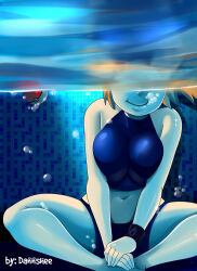 Rule 34 | 1girl, air bubble, asphyxiation, bikini, breasts, bubble, blowing bubbles, creatures (company), dannshee, game freak, highres, large breasts, misty (pokemon), navel, nintendo, orange hair, partially submerged, partially underwater shot, poke ball, pokemon, pokemon frlg, swimsuit, underwater, water