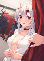 Rule 34 | 1girl, absurdres, black choker, blush, breasts, changing room, choker, clothes hanger, collared shirt, commentary request, curtains, fang, highres, hololive, horns, leeshin0919, long hair, looking at viewer, medium breasts, multicolored hair, nakiri ayame, no bra, oni, open clothes, open mouth, open shirt, partial commentary, partially unbuttoned, pov, pov hands, red eyes, red hair, shirt, sleeveless, sleeveless shirt, solo focus, standing, streaked hair, surprised, two-tone hair, undressing, upper body, virtual youtuber, walk-in, wavy mouth, white hair, white shirt, wing collar