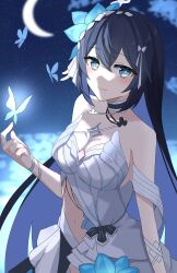 1girl bare_shoulders black_hair blue_butterfly blue_eyes blue_hair breasts bug butterfly closed_mouth clothing_cutout colored_inner_hair commentary_request crescent_moon dress h2o_omizu highres honkai_(series) honkai_impact_3rd insect large_breasts long_hair looking_at_viewer moon multicolored_hair night night_sky seele_vollerei seele_vollerei_(herrscher_of_rebirth) sky smile solo star_(sky) stomach_cutout strapless strapless_dress two-tone_hair very_long_hair white_dress