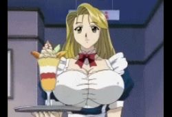 Rule 34 | 1girl, animated, animated gif, apron, blonde hair, bouncing breasts, bow, bowtie, breasts, choker, cleavage, covered erect nipples, dessert, food, frills, holding, huge breasts, ice cream, indoors, koishikawa nami, long hair, lowres, nami koishikawa, nami sos!, pillarboxed, plate, screencap, shirt, smile, solo, sundae, taut clothes, taut shirt, tray, upper body, waitress, walking