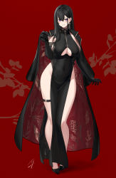 Rule 34 | 1girl, bad id, bad twitter id, black dress, black footwear, black gloves, black hair, blush, breasts, classy-black-haired girl (hayabusa), coat, coat on shoulders, commentary, covered navel, dress, earrings, elbow gloves, full body, gloves, hand up, hayabusa, highres, jewelry, large breasts, long hair, mole, mole on breast, original, parted lips, purple eyes, red background, smile, solo, standing, symbol-only commentary, thigh strap, thighs