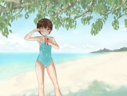 Rule 34 | 1girl, aihara kaichi, aqua one-piece swimsuit, armpits, artist name, bad id, bad pixiv id, bare shoulders, beach, blue sky, blush, branch, breasts, brown eyes, brown hair, cloud, collarbone, commentary, cup, dated, day, drink, drinking straw, drinking straw in mouth, feet out of frame, finger to head, grin, holding, holding cup, holding drink, horizon, index finger raised, kimi kiss, looking at viewer, ocean, one-piece swimsuit, one eye closed, outdoors, pointing, pointing at self, sand, satonaka narumi, short hair, signature, sky, small breasts, smile, solo, standing, swimsuit, thigh gap, tree, very short hair, water