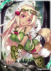 Rule 34 | 1girl, :o, ahoge, all fours, arm support, bad id, bad pixiv id, bare shoulders, barefoot, blonde hair, blush, breasts, character request, commentary request, dark-skinned female, dark skin, day, dress, fang, feathers, fingernails, flower, forest, green dress, hair between eyes, hair flower, hair ornament, head tilt, highres, long hair, looking at viewer, medium breasts, nature, official art, open mouth, outdoors, red eyes, rock, shinkai no valkyrie, sidelocks, sleeveless, sleeveless dress, solo, sparkle, tail, tree, very long hair, white feathers, white flower, yan (nicknikg)