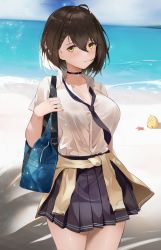 Rule 34 | 1girl, absurdres, afpl (parrotz4), ahoge, azur lane, bag, baltimore (after-school ace) (azur lane), baltimore (azur lane), beach, beige cardigan, bird, black choker, black neckwear, black skirt, blue sky, blush, blush stickers, bra visible through clothes, braid, breasts, brown hair, cardigan, cardigan around waist, chick, chinese commentary, choker, cleavage, clothes around waist, cloud, collarbone, collared shirt, commentary request, cowboy shot, day, eyebrows hidden by hair, french braid, hair between eyes, highres, large breasts, looking at viewer, loose necktie, manjuu (azur lane), necktie, ocean, official alternate costume, outdoors, parted lips, pleated skirt, school bag, school uniform, shadow, shirt, short hair, short sleeves, sidelocks, skirt, sky, solo focus, standing, starfish, wet, wet clothes, wet shirt, white shirt, yellow eyes