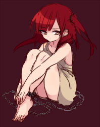 Rule 34 | 1girl, ankle cuffs, bad id, bad pixiv id, bare legs, barefoot, chain, cuffs, dress, kodamari, magi the labyrinth of magic, morgiana, red eyes, red hair, simple background, sitting, sketch, solo, upskirt, white dress