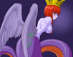 Rule 34 | 1girl, 2009, atlus, baal (megami tensei), blush, breasts, colored skin, crown, feathered wings, feathers, lamia, large breasts, looking at viewer, looking back, megami tensei, monster girl, nipples, no arms, purple bonus, purple skin, red eyes, red hair, scales, short hair, sideboob, smile, solo, spread wings, supon, tongue, tongue out, wings