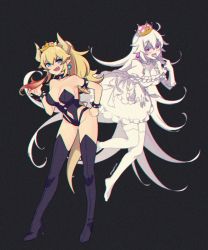 Rule 34 | 2girls, absurdly long hair, adapted costume, angellyuna, bad id, bad pixiv id, bare shoulders, black background, black footwear, black leotard, blonde hair, blue eyes, blush, boots, bowsette, bracelet, breasts, breath weapon, breathing fire, choker, chromatic aberration, claw pose, cleavage, clenched hand, collar, colored skin, dress, earrings, elbow gloves, finger to mouth, fire, floating, frilled choker, frilled dress, frilled gloves, frilled legwear, frills, full body, ghost pose, gloves, gluteal fold, hair between eyes, half-closed eyes, hand up, high heel boots, high heels, highleg, highleg leotard, highres, hip focus, horns, jewelry, large breasts, leotard, long hair, looking at viewer, luigi&#039;s mansion, mario (series), medium breasts, multiple girls, navel, new super mario bros. u deluxe, nintendo, no shoes, pale skin, pink eyes, pointy ears, ponytail, princess king boo, puffy short sleeves, puffy sleeves, revealing clothes, revealing layer, sharp teeth, shiny skin, short eyebrows, short sleeves, sidelocks, simple background, smile, spiked bracelet, spiked collar, spikes, standing, strapless, strapless leotard, super crown, teeth, thigh boots, thighhighs, thighs, toes, tongue, tongue out, twitter username, very long hair, white choker, white gloves, white hair, white legwear, white skin, wide ponytail