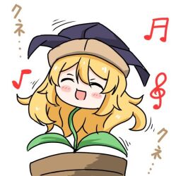 Rule 34 | 1girl, :d, beamed eighth notes, beamed sixteenth notes, blonde hair, blush stickers, closed eyes, happy, hat, long hair, matara okina, matara okina (okinagusa), motion lines, musical note, open mouth, plant, potted plant, simple background, smile, solo, tasuku (tusktouhou4), touhou, treble clef, white background