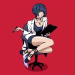 Rule 34 | 1girl, animated, bare legs, black footwear, black hair, bob cut, chair, choker, clipboard, feet, high heels, holding, holding clipboard, holding pen, jewelry, lab coat, legs, looking at viewer, nail polish, necklace, office chair, owen lee, pen, persona, persona 5, pixel art, red background, simple background, sitting, solo, stiletto heels, strappy heels, swivel chair, tagme, takemi tae, thighs, toes, video