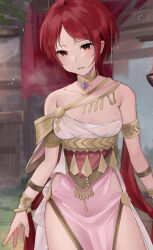 Rule 34 | 1girl, armlet, bare shoulders, bracelet, choker, commentary request, cowboy shot, dancer (fire emblem: three houses), dress, fire emblem, fire emblem: three houses, fire emblem warriors: three hopes, haru (nakajou-28), jewelry, monica von ochs, nintendo, off shoulder, official alternate hairstyle, parted lips, pelvic curtain, red eyes, red hair, short hair, single-shoulder dress, solo, standing