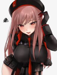 Rule 34 | 1girl, ace giiive, arm under breasts, belt pouch, beret, between breasts, black choker, black gloves, black jacket, black shirt, blush, breasts, choker, collared shirt, cropped jacket, gloves, goddess of victory: nikke, hair between eyes, hat, jacket, large breasts, leaning forward, light brown hair, long hair, necktie, orange eyes, pouch, rapi (nikke), red gloves, red jacket, red necktie, shirt, solo, squiggle, two-sided fabric, two-sided jacket, two-tone gloves