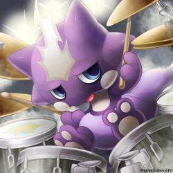 Rule 34 | blue eyes, commentary request, creatures (company), drum, drum set, drumsticks, game freak, gen 8 pokemon, highres, holding, holding drumsticks, instrument, nintendo, no humans, pokemon, pokemon (creature), sasabunecafe, sideways glance, sitting, solo, stool, toes, tongue, tongue out, toxel
