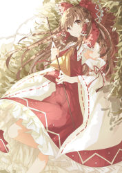 Rule 34 | 1girl, arm ribbon, ascot, bow, brown eyes, brown hair, bush, collar, detached sleeves, frilled bow, frilled collar, frilled skirt, frills, gohei, hair bow, hair tubes, hakurei reimu, long hair, looking at viewer, looking to the side, midriff, red skirt, ribbon, ribbon-trimmed sleeves, ribbon trim, sarashi, shade, skirt, sleeveless, smile, solo, sunlight, touhou, venn (vebonbon), white background, wide sleeves, wind