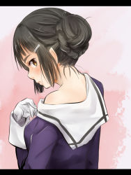 Rule 34 | 10s, 1girl, akino shuu, akisyuuno, black hair, blush, braid, braided bun, brown eyes, from behind, gloves, hair bun, hair ornament, hairclip, kantai collection, letterboxed, looking at viewer, looking back, myoukou (kancolle), nape, off shoulder, pink background, pointy ears, profile, single hair bun, solo