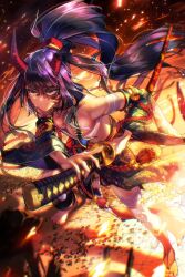 Rule 34 | 1girl, anklet, bandaged arm, bandages, bare shoulders, barefoot, breasts, broken horn, character request, chest sarashi, clenched teeth, commentary request, copyright request, demon girl, demon horns, fighting stance, fujiya takao, gold anklet, hair ribbon, highres, holding, holding sword, holding weapon, horns, indoors, japanese clothes, jewelry, katana, large breasts, light rays, long bangs, long hair, looking to the side, mask, midriff, mouth mask, oni, parted lips, purple hair, red ribbon, red rope, ribbon, rope, samurai, sarashi, scabbard, serious, sheath, shiny skin, single barefoot, solo focus, sparks, sweat, sword, teeth, tiptoes, toenails, toes, unsheathing, very long hair, weapon, yellow eyes