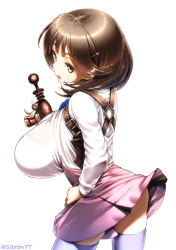Rule 34 | 1girl, ass, breasts, brown eyes, brown hair, energy gun, hair ornament, hairclip, hand on own hip, huge breasts, impossible clothes, looking to the side, narusawa ryouka, occultic;nine, parted lips, purple thighhighs, ray gun, short hair, simple background, skindentation, skirt, solo, thighhighs, thighs, twitter username, weapon, white background, yuushi tessen