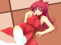 Rule 34 | 1girl, alternate costume, bare shoulders, blush, breasts, brown eyes, china dress, chinese clothes, curvy, dress, folded fan, folding fan, hand fan, hip focus, kousaka tamaki, large breasts, long hair, lying, naughty face, nose blush, on side, red hair, shirt, side slit, solo, straight hair, taut clothes, taut shirt, thighhighs, to heart, to heart (series), to heart 2, white thighhighs, wide hips, zekkyon