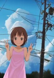Rule 34 | 1girl, :3, bad id, bad pixiv id, bare shoulders, bird, brown eyes, brown hair, cloud, day, double v, dress, highres, looking at viewer, original, pink dress, power lines, sky, smile, solo, utility pole, v, willgoon