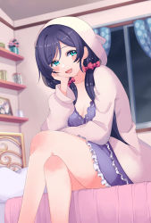 Rule 34 | 1girl, arm rest, ayase eli, bed frame, bedroom, blanket, blush, bow, breasts, chemise, cleavage, collarbone, cream (nipakupa), crossed legs, curtains, frills, green eyes, hair bow, hair over shoulder, hood, hooded jacket, hoodie, indoors, jacket, jar, long hair, long sleeves, looking at viewer, love live!, love live! school idol project, medium breasts, nightgown, on bed, picture frame, pillow, pink jacket, plant, potted plant, purple hair, red bow, ribbon trim, shelf, sitting, smile, solo, tojo nozomi, twintails, window, yazawa nico
