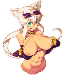 Rule 34 | 1girl, :p, abs, animal ears, bad id, bad pixiv id, bare shoulders, blonde hair, breasts, cat ears, cat girl, cat tail, elbow gloves, eyewear on head, female focus, gloves, green eyes, highres, inverted nipples, kaiten muten-maru, large breasts, long hair, looking at viewer, metata, muscular, navel, nipples, no legs, puffy nipples, shamu meruruusa, simple background, smile, solo, sunglasses, tail, toned, tongue, tongue out, undressing, upper body, white background