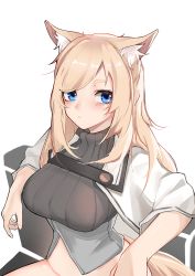 Rule 34 | 1girl, animal ear fluff, animal ears, arknights, black sweater, blonde hair, blue eyes, bottomless, breasts, cape, closed mouth, commentary, female focus, horse ears, horse girl, inniyik, long hair, long sleeves, looking at viewer, medium breasts, no headwear, no headwear, simple background, sitting, solo, stomach, sweater, upper body, whislash (arknights), white background, white cape