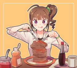 Rule 34 | 1girl, ahoge, blush, breasts, brown hair, closed mouth, coffee, coffee mug, collarbone, cup, drill hair, food, fork, holding, holding fork, holding knife, idolmaster, idolmaster million live!, jewelry, kamille (vcx68), knife, looking away, medium breasts, mug, necklace, pancake, pancake stack, plate, purple eyes, short hair, side ponytail, sitting, smile, solo, syrup, table, tongue, tongue out, yokoyama nao