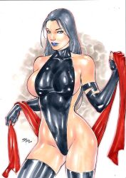 Rule 34 | 1girl, adapted costume, artist request, black leotard, black thighhighs, breasts, curvy, highleg, highleg leotard, highres, impossible clothes, impossible leotard, large breasts, leotard, light smile, lips, long hair, looking at viewer, marvel, painting (medium), psylocke, purple eyes, purple hair, red sash, sash, shiny clothes, shiny skin, simple background, solo, sword, thighhighs, thong leotard, traditional media, watercolor (medium), weapon, wide hips, x-men
