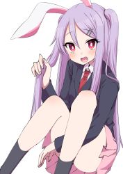 Rule 34 | 1girl, animal ears, ankle socks, black socks, blazer, blush, bright pupils, commentary request, highres, jacket, knees up, long hair, long sleeves, looking at viewer, miniskirt, necktie, open mouth, pink skirt, pleated skirt, purple hair, rabbit ears, red eyes, red necktie, reisen udongein inaba, shirt, simple background, sitting, skirt, smile, socks, solo, touhou, tsukimirin, two side up, white background, white shirt