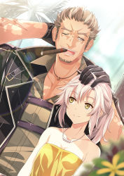 Rule 34 | 1boy, 1girl, absurdres, black jacket, cigar, collar, dress, eiyuu densetsu, falcom, father and daughter, fie claussell, flat chest, gloves, green eyes, grey eyes, hand on another&#039;s head, highres, jacket, jewelry, kurai0127, light brown hair, muscular, muscular male, necklace, pearl necklace, ponytail, rutger claussell, scar, scar on arm, sen no kiseki, sen no kiseki iii, sen no kiseki iv, smile, smoking, white hair, yellow dress