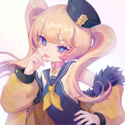 Rule 34 | 1girl, :p, azur lane, bache (azur lane), collar, dixie cup hat, fang, hat, jacket, jacket on shoulders, jiuyin, looking at viewer, military hat, pink collar, purple eyes, sailor collar, simple background, solo, tongue, tongue out, twintails, white background