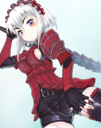 Rule 34 | 10s, 1girl, armor, arms behind back, bad id, bad pixiv id, belt, black gloves, bow, breasts, chaika bogdan, cowboy shot, flower, frills, frown, gloves, hairband, hitsugi no chaika, jewelry, leg belt, lolita hairband, looking at viewer, purple eyes, red flower, red rose, rose, ryuinu, short hair, shorts, sideboob, solo, standing, sword, thighhighs, weapon, white hair