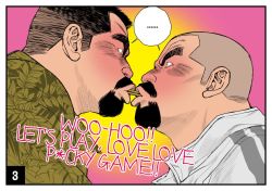 Rule 34 | ..., 2boys, bara, beard, black eyes, black hair, blush, buzz cut, casual, english text, eye contact, face-to-face, facial hair, food, food in mouth, from side, frown, ichikawa kazuhide, imminent kiss, lips, looking at another, looking at viewer, male focus, mouth hold, multiple boys, old, old man, original, pocky, pocky day, pocky kiss, portrait, shared food, short hair, simple background, upper body, very short hair, yaoi