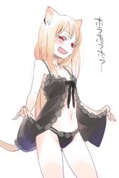 Rule 34 | 1girl, :d, animal ears, babydoll, black panties, blonde hair, blush, cat ears, cat tail, lingerie, looking at viewer, navel, open mouth, original, panties, pine-chan ver. 1, pine (pine-box), red eyes, simple background, smile, solo, tail, underwear, underwear only, white background