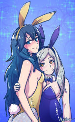 Rule 34 | 2girls, akairiot, animal ears, ass, bare shoulders, black hair, blue eyes, blue hair, blush, bow, bowtie, breasts, cleavage, detached collar, embarrassed, fake animal ears, fire emblem, fire emblem awakening, fishnet pantyhose, fishnets, grey hair, hairband, height difference, hug, large breasts, leotard, long hair, lucina (fire emblem), multiple girls, nintendo, orange eyes, pantyhose, playboy bunny, rabbit ears, rabbit tail, robin (female) (fire emblem), robin (fire emblem), sideboob, small breasts, smile, sparkle, super smash bros., tail, twintails, waist hug, wrist cuffs