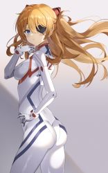 Rule 34 | 1girl, artist request, ass, blue eyes, blush, bodysuit, breasts, brown hair, evangelion: 3.0+1.0 thrice upon a time, eyepatch, floating hair, from side, gradient background, hair between eyes, hair ornament, hand on own hip, highres, lips, long hair, looking at viewer, looking to the side, medium breasts, neon genesis evangelion, pilot suit, plugsuit, rebuild of evangelion, shiny clothes, shiny skin, simple background, skin tight, solo, souryuu asuka langley, standing, twintails, two side up, very long hair, white bodysuit, wide hips