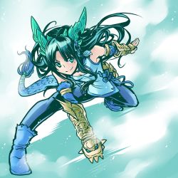 Rule 34 | 1girl, aqua eyes, black hair, black pantyhose, blue dress, brass knuckles, breasts, china dress, chinese clothes, cleavage, dragon girl, dragon horns, dragon tail, dress, gradient background, highres, horns, ishiyumi, karin (p&amp;d), long hair, pantyhose, puzzle &amp; dragons, small breasts, smile, solo, tail, weapon