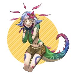 Rule 34 | 1girl, :3, bare shoulders, blue skin, blush, brown shorts, colored skin, crop top, cropped legs, flipped hair, flower, green skin, hair flower, hair ornament, hands up, highres, league of legends, lizard tail, looking at viewer, medium hair, multicolored skin, navel, neeko (league of legends), orange eyes, purple skin, red flower, sagong (sagong4u), shorts, smile, stomach, striped, striped background, tail, yellow background