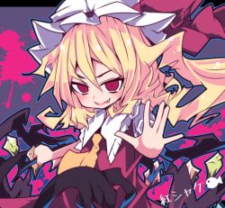 Rule 34 | 1girl, beni shake, blonde hair, bow, fang, flandre scarlet, hat, hat bow, laevatein, mob cap, open \m/, open hand, open mouth, red eyes, side ponytail, solo, touhou, wings