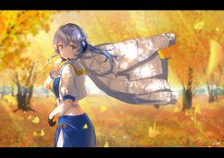 Rule 34 | 1girl, autumn, autumn leaves, bandeau, black gloves, blue bandeau, blue eyes, blue hair, blue skirt, cropped legs, falling leaves, gloves, gotland (kancolle), hair between eyes, half gloves, headphones, highres, jacket, kantai collection, leaf, letterboxed, long hair, miniskirt, mole, mole under eye, official alternate costume, outdoors, race queen, short sleeves, sidelocks, skirt, solo, tree, white jacket, yukai nao