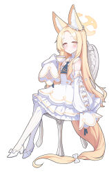 Rule 34 | 1girl, animal ear fluff, animal ears, armpit crease, blonde hair, blue archive, blue neckerchief, bow, buttons, chair, closed mouth, cross halo, cup, detached sleeves, double-breasted, dress, flower, footwear bow, forehead, fox ears, fox girl, full body, gradient eyes, green eyes, hair flower, hair ornament, halo, high heels, holding, holding cup, long hair, looking at viewer, multicolored eyes, neckerchief, orange eyes, parted bangs, petticoat, picter, sailor collar, seia (blue archive), simple background, sitting, sleeves past fingers, sleeves past wrists, solo, striped clothes, striped thighhighs, tail, tail bow, tail ornament, teacup, thighhighs, vertical-striped clothes, vertical-striped thighhighs, very long hair, very long sleeves, white background, white dress, white footwear, white sailor collar, white thighhighs