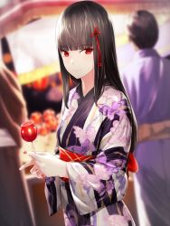 Rule 34 | 1girl, black hair, blunt bangs, blurry, blurry background, candy apple, commentary request, depth of field, food, hime cut, japanese clothes, kageshio (276006), kimono, long hair, looking at viewer, nail polish, obi, original, print kimono, red eyes, red nails, sash, solo focus, summer festival, sweat, upper body