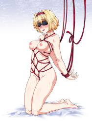 Rule 34 | 1girl, alice margatroid, bdsm, black blindfold, black collar, blindfold, blonde hair, blush, body blush, bondage, bound, bound ankles, bound wrists, breasts, collar, commentary request, completely nude, female focus, full body, hair between eyes, kneeling, medium breasts, navel, nipples, nose blush, nude, ootsuki wataru, open mouth, shibari, short hair, solo, sweat, touhou