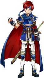 Rule 34 | 1boy, absurdres, armor, blue armor, blue eyes, bunbun, cape, fire emblem, fire emblem: the binding blade, fire emblem heroes, full body, gloves, headband, highres, looking at viewer, male focus, nintendo, official art, red hair, roy (fire emblem), short hair, simple background, smile, solo, sword, transparent background, weapon
