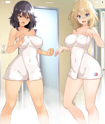 Rule 34 | 2girls, andou (girls und panzer), angry, bc freedom (emblem), black hair, blonde hair, blue eyes, blush, breasts, brown eyes, clenched hand, collarbone, commentary request, covered navel, emblem, girls und panzer, hair between eyes, highres, indoors, looking at viewer, medium breasts, medium hair, multiple girls, nakamura yukitoshi, naked towel, open mouth, oshida (girls und panzer), standing, steam, towel, towel pull, v-shaped eyebrows